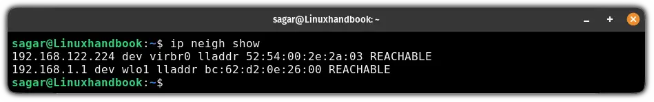 Show neighbor table using the ip command