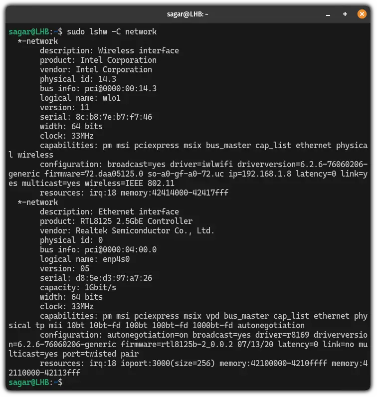 show network hardware information using the lshw command in Linux