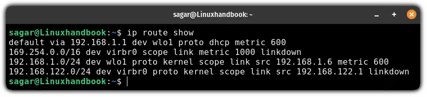 Show route table using the ip command