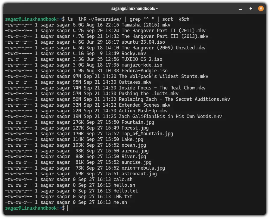 sort files while listing files recursively by pairing the ls command with the sort command