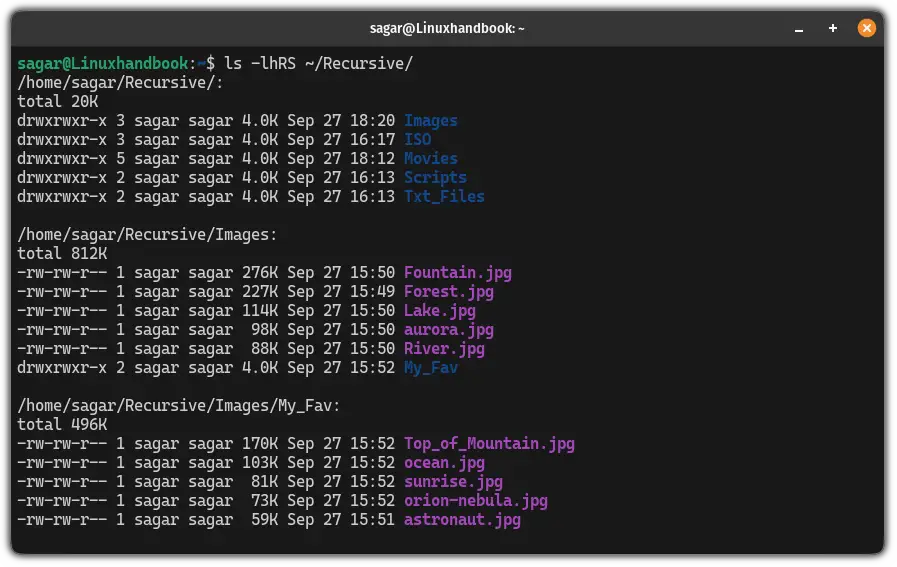 Sort files while listing them recursively using the ls command 