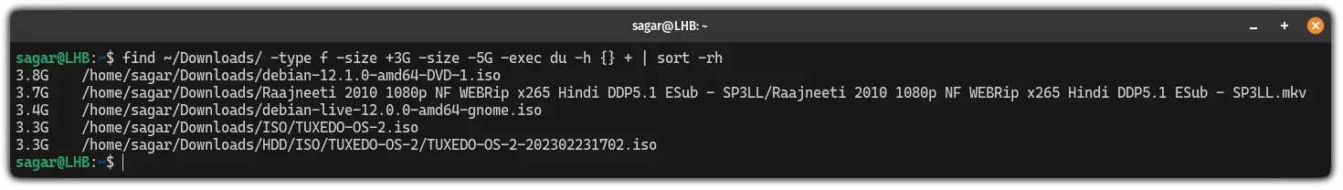 sort files within the given filesize range