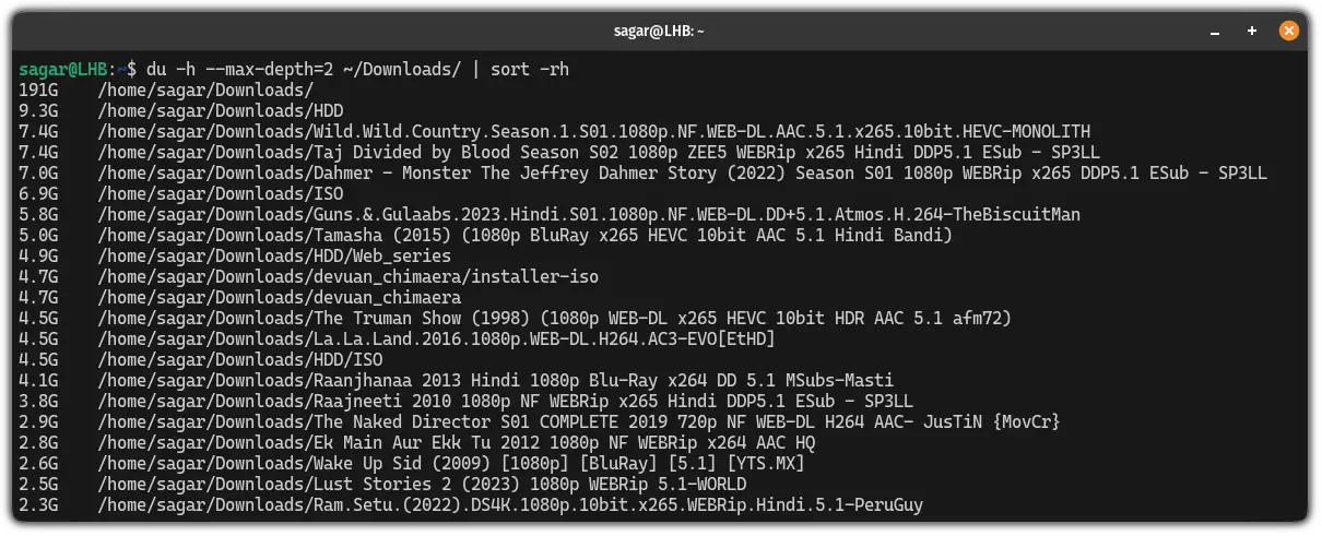 Specify how deep to search using the du command with sort