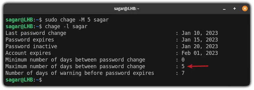 specify the maximum number of days between the password change using the chage command