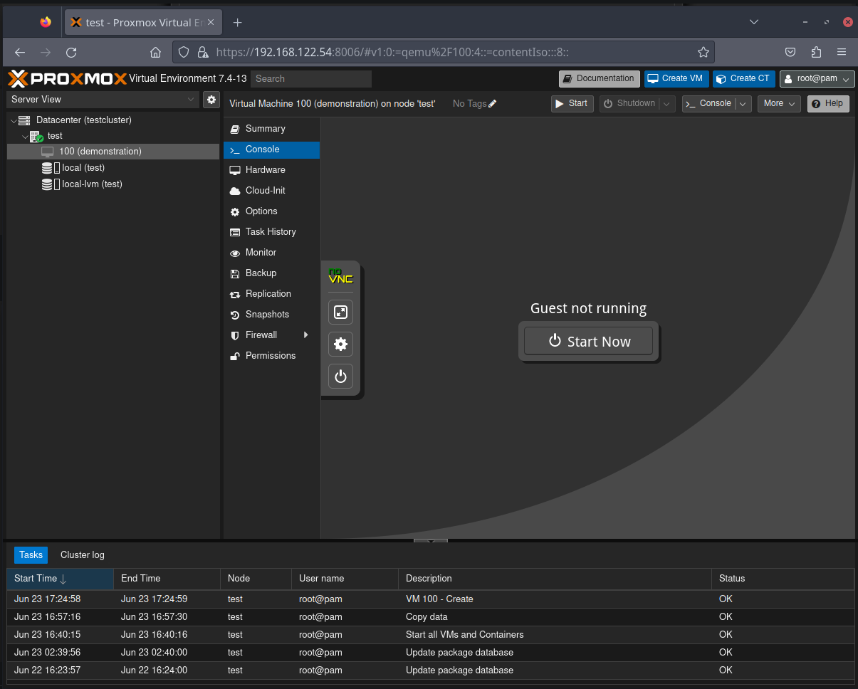 Start the VM in Proxmox