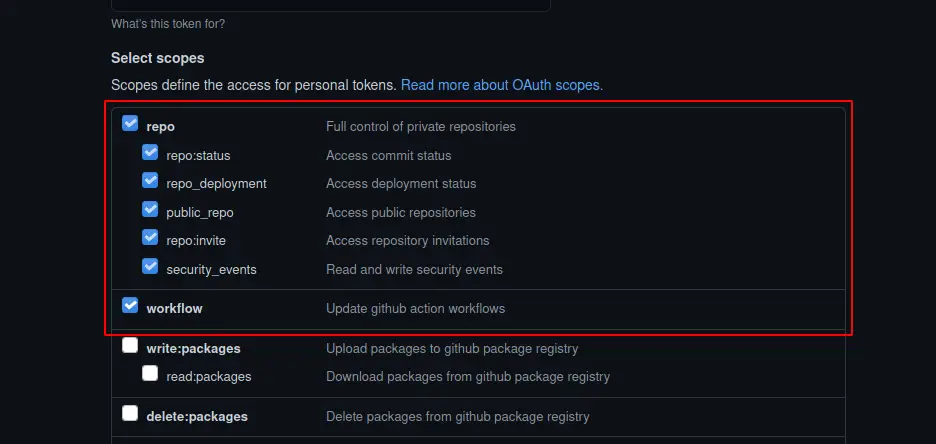 Scope for the token in GitHub
