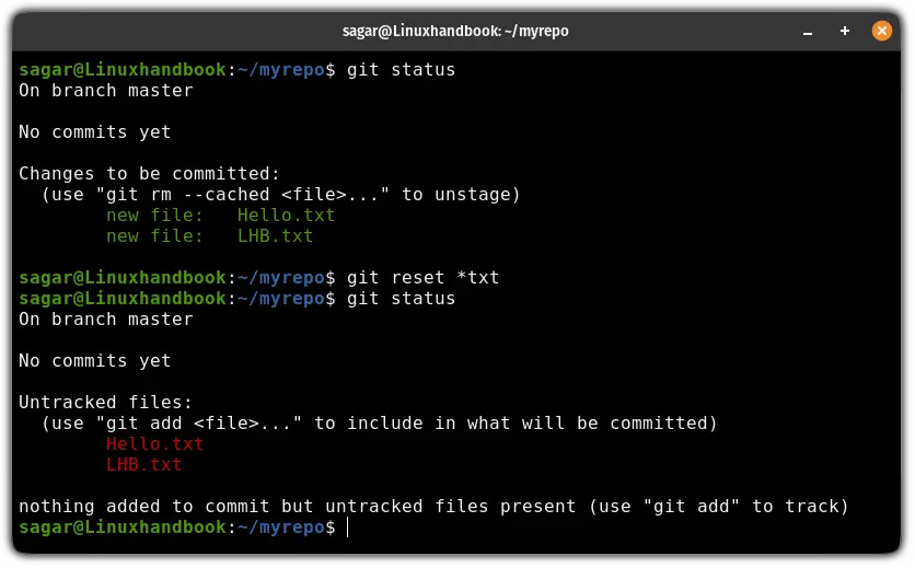 Undo git add using the git reset command through a wildcard for batch action