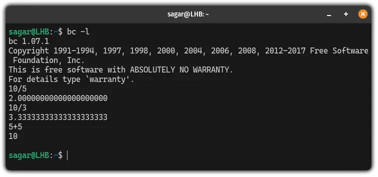 use bc command to manage decimal placeholders without scale option