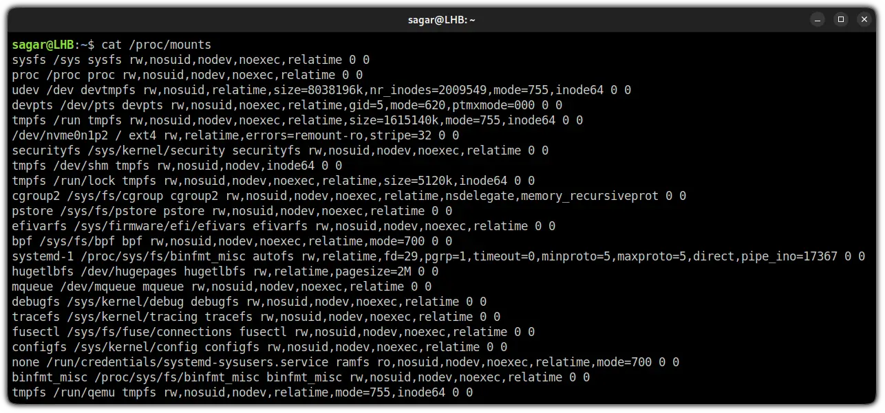 use cat command to list mounted drives in linux