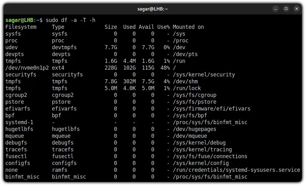 use df command to list mounted drives in linux