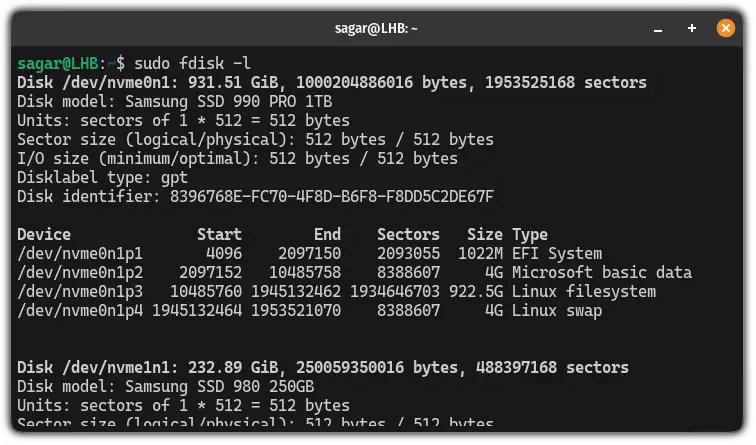 use fdisk command to list USB drives in Linux