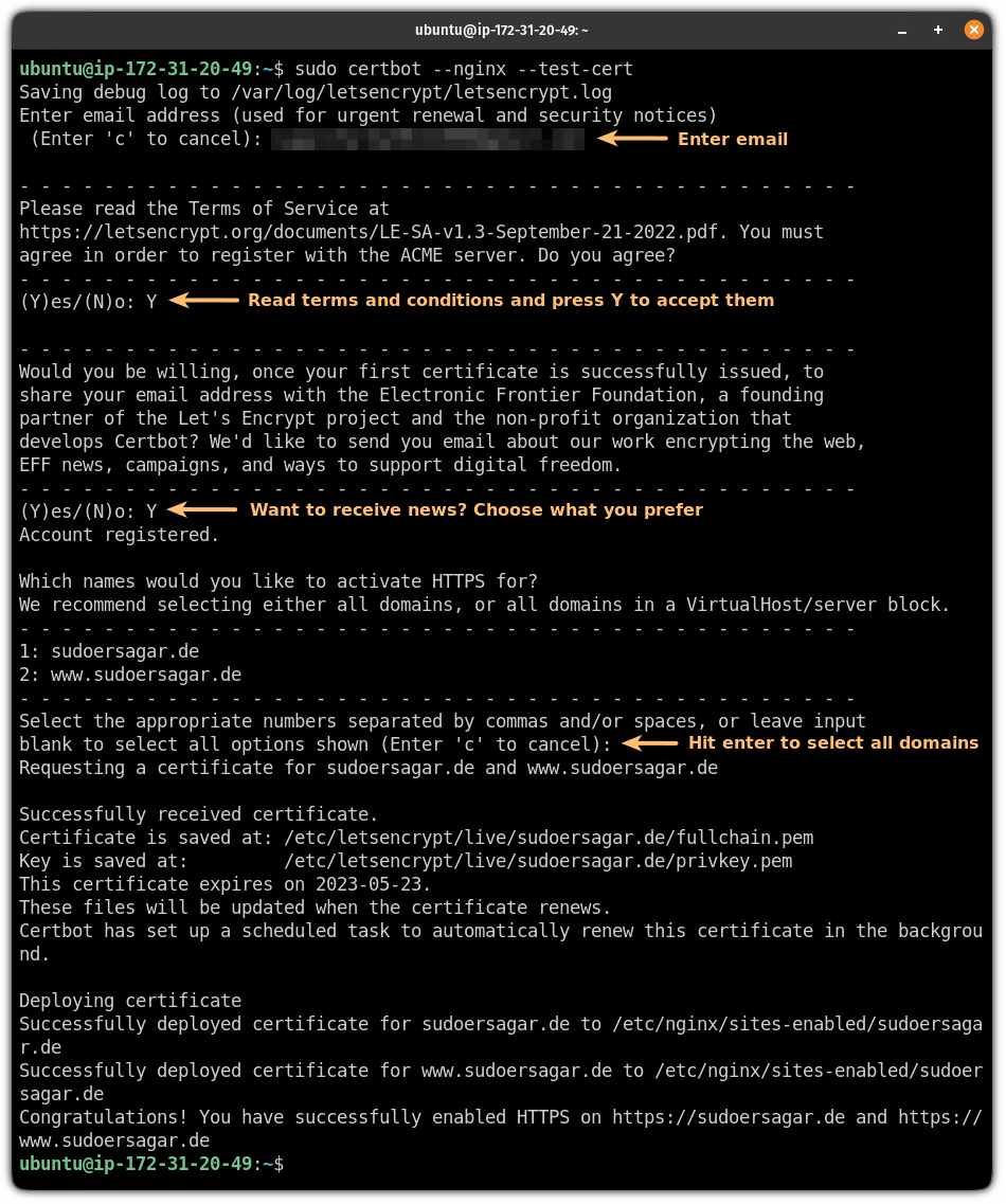 use HTTPS test cerificates using certbot to find any errors