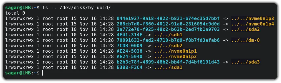 use ls command to get UUID of partitions in linux