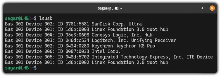 use lsusb command to list all the USB devices in Linux