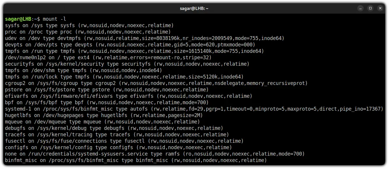 use mount command to list mounted drives in linux