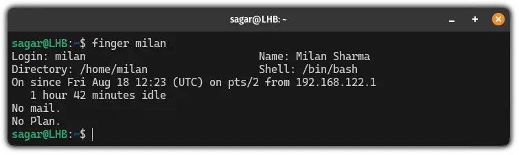 Use the finger command to get detialed info about the logged in user in Linux