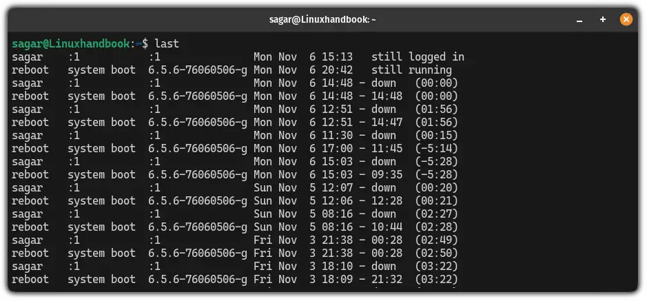 use the last command to display the content of the wtmp file in Linux to know the historic login and logouts of your system