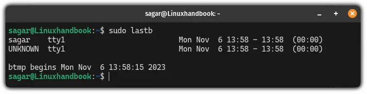 Use the lastb command to list the failed attempts to log in due to incorrent login credentials in Linux