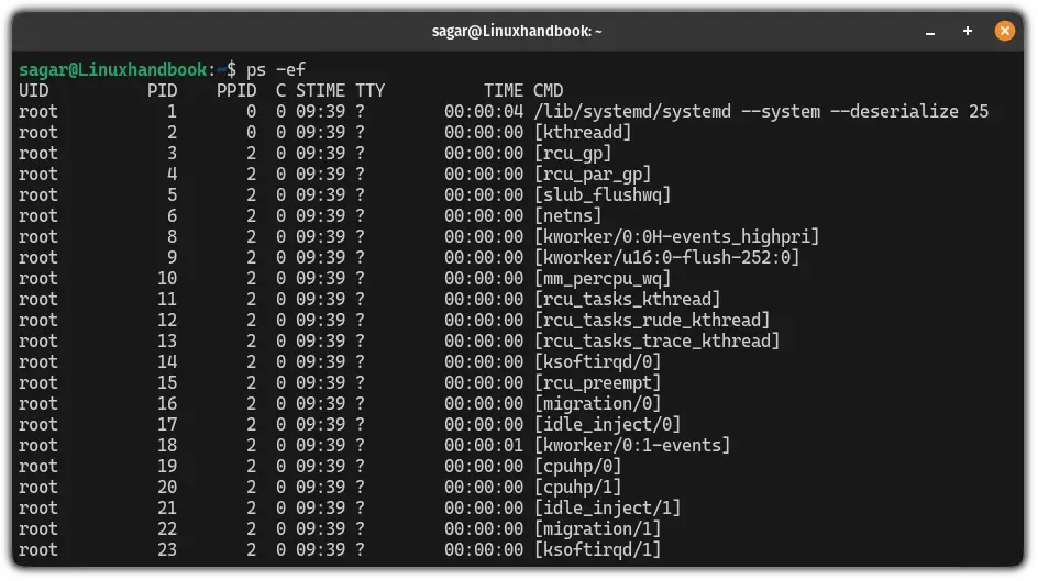 Use the ps -ef command in Linux