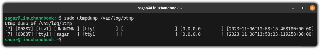 use the utmpdump command to disply content of btmp file in Linux