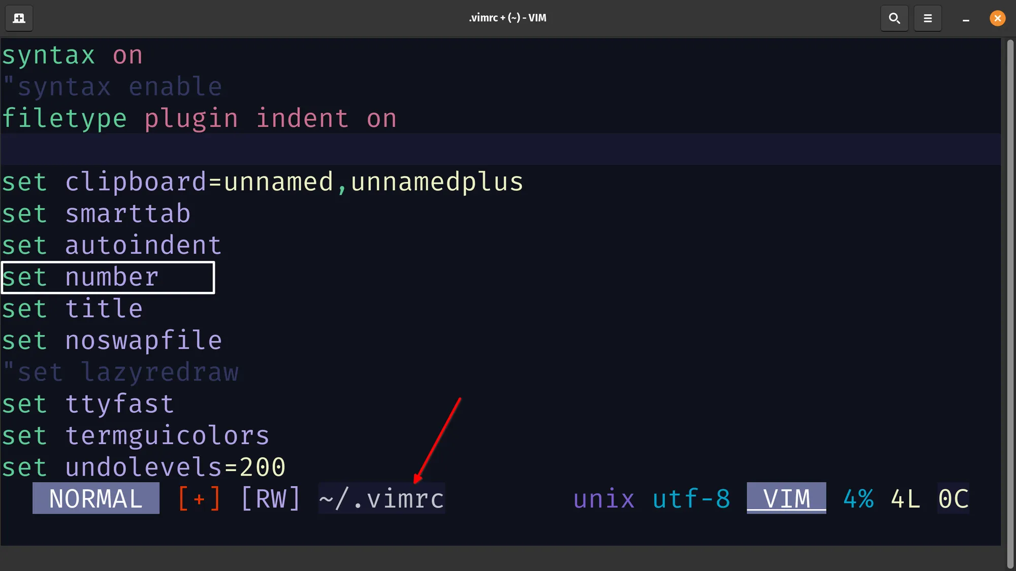 vimrc file to permanently enable absolute line numbers