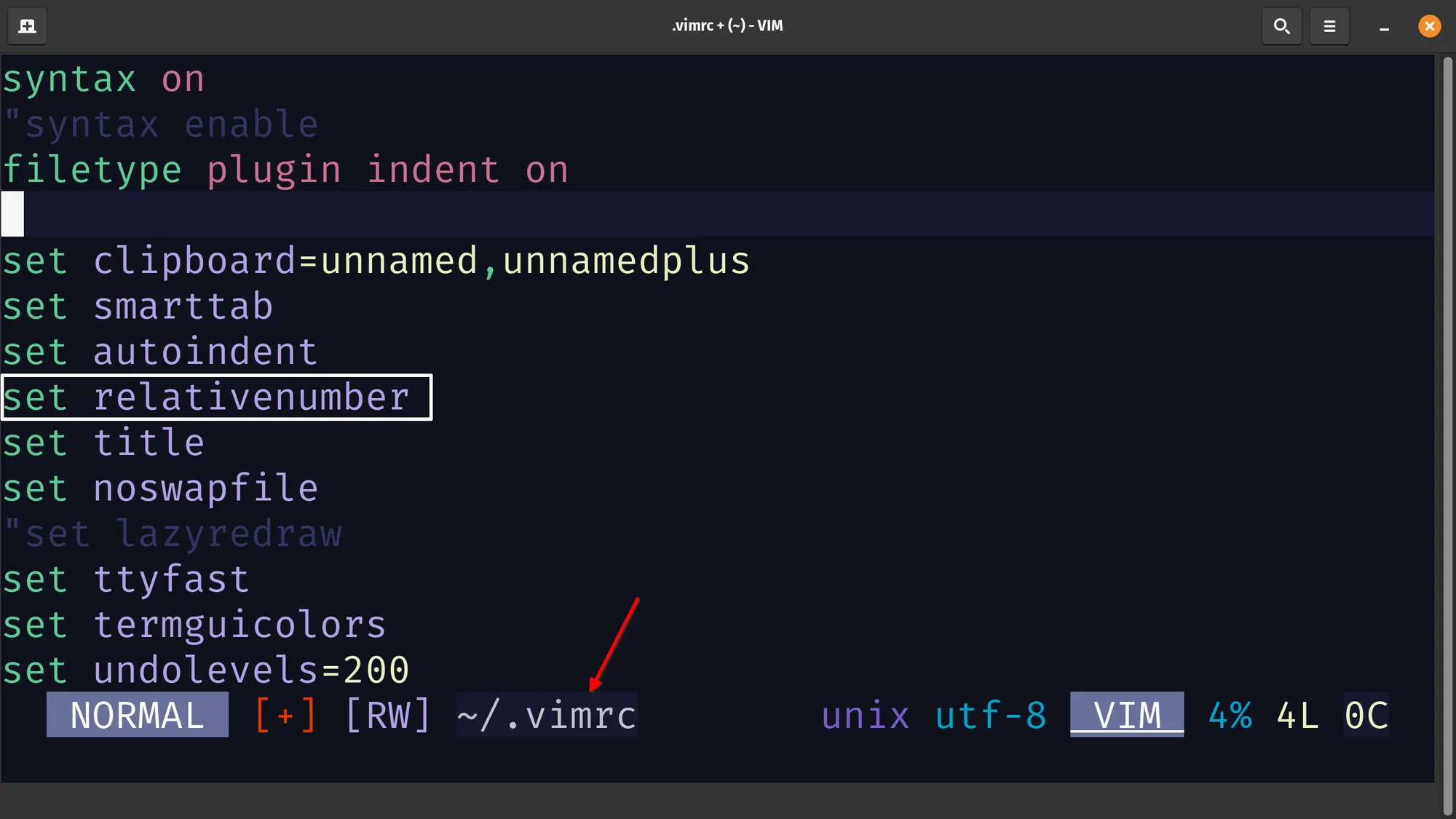 vimrc file to permanently enabling relative line numbers