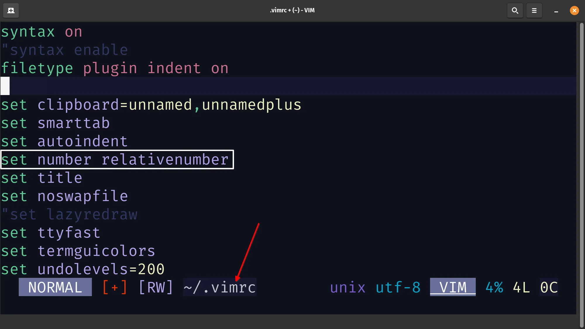 vimrc file to permanently enable hybrid line numbers