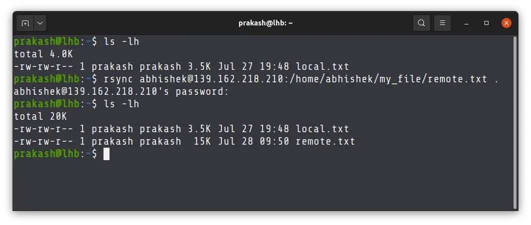 Copy files from the remote Linux system over SSH using rsync