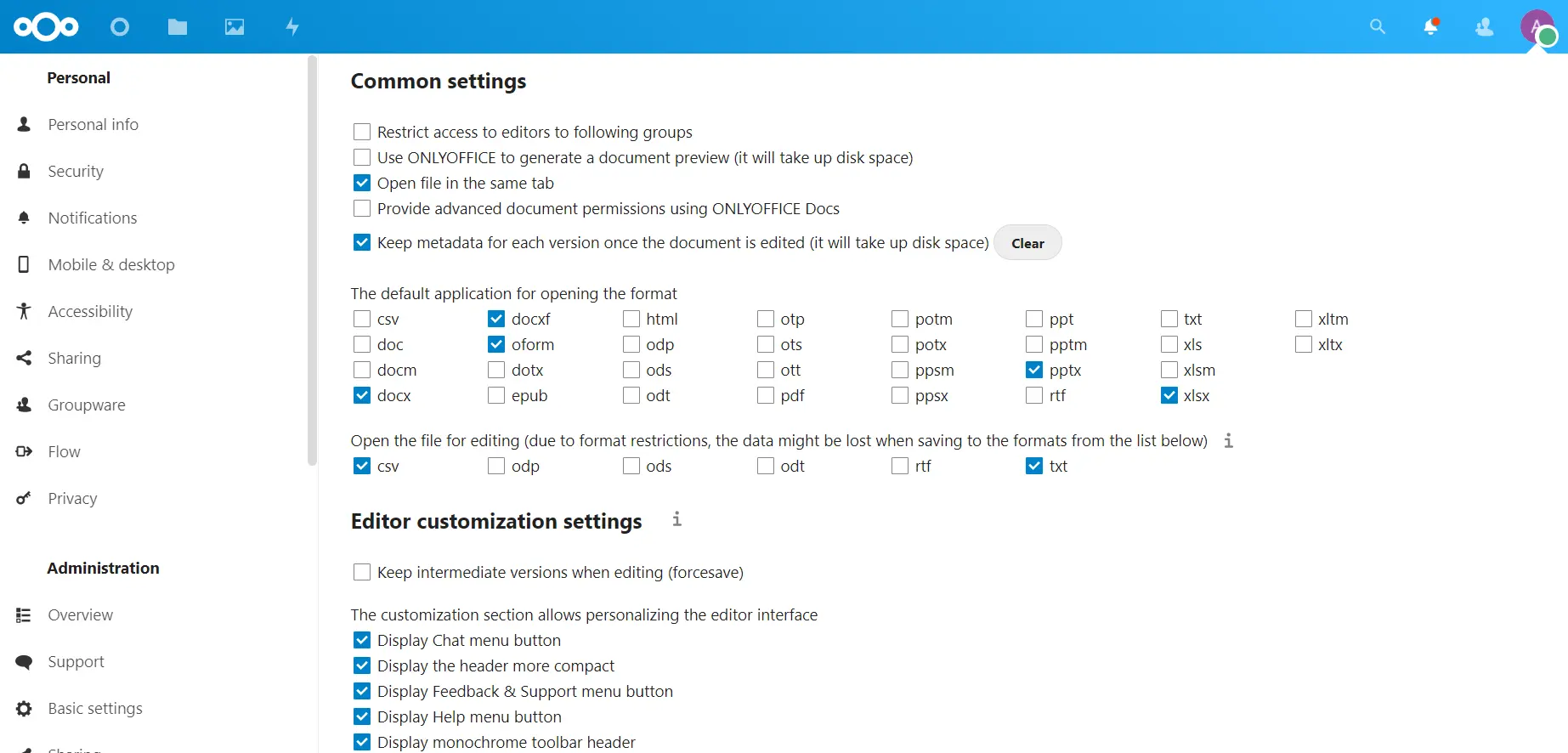 ONLYOFFICE running inside Nextcloud settings